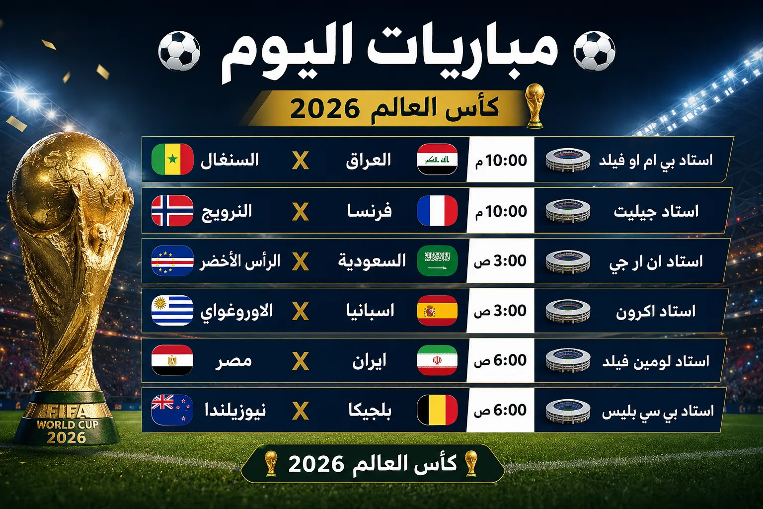 مباريات حاسمة اليوم في مونديال 2026.. العراق يواجه السنغال وفرنسا تصطدم بالنرويج 